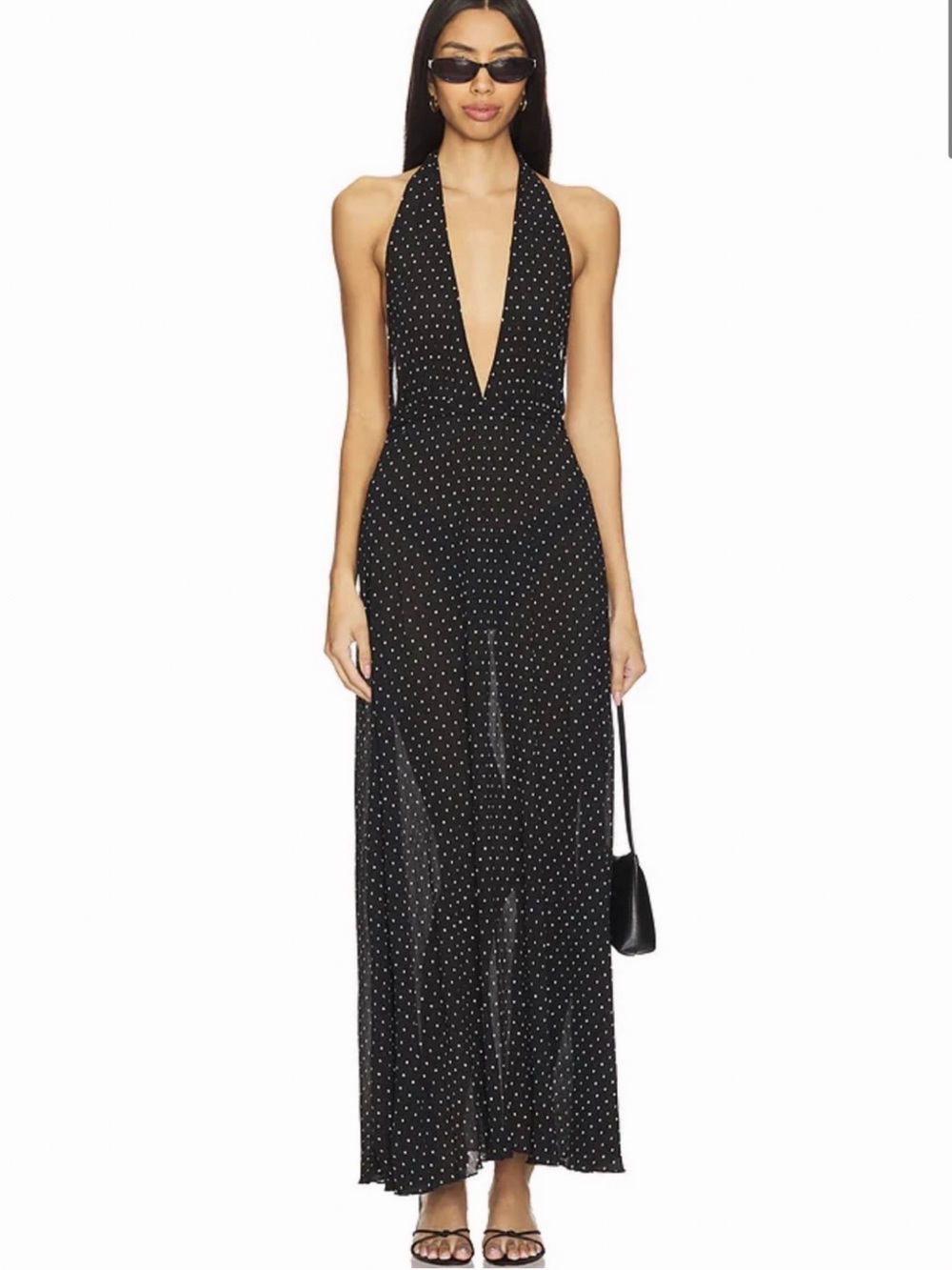 Lioness Black Polka Dot Plunge Halter Maxi Dress